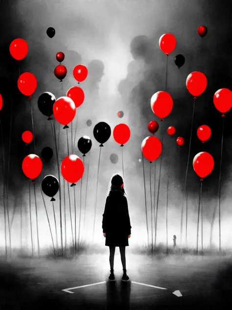 masterpiece, best quality, darkspherastyle,a girl standing in front of a bunch of balloons, sad, full body, grayscale, an album cover by Antoni Pitxot, featured on tumblr, video art, chillwave, trance compilation cd, parallax, <lora:DarkSpheraStyle:0.7> <l...