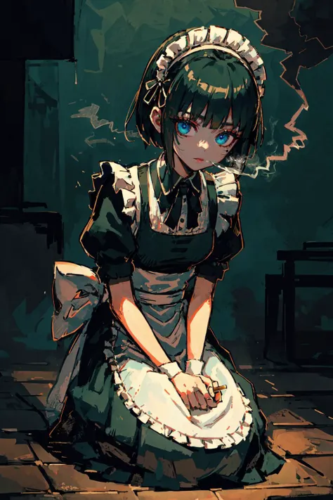 anime girl in maid outfit sitting on floor with a plate