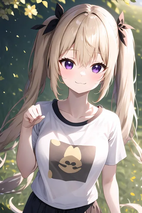 1girl, solo, outdoors, sunlight, on grass, t-shirt, closed mouth,light smile, blonde hair, twintails, blurry background, depth of field :3, uwu, paw pose, <lora:ClamChan_V20:1>