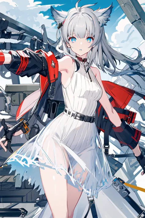 1girl, solo, blue eyes, gloves, dress, long hair, white dress, open jacket, jacket, black gloves, open clothes, parted lips, sleeveless, grey hair, bare shoulders, off shoulder, sleeveless dress, pouch, breasts, cowboy shot, bangs, outstretched arm, white ...