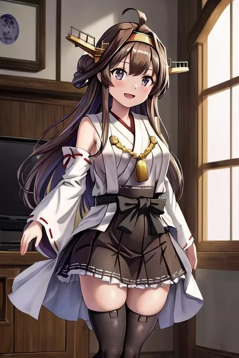 masterpiece, best quality, absurdres, ultra detail,<lora:GoodHands-vanilla:0.8> <lora:anmnr01:0.3> <lora:add_detail:0.5> kongou_kantaicollection <lora:kongou_kantaicollection:0.8>,smile,open mouth,ww2 age office,window,standing