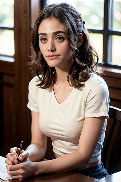 A photo of a young, nerdy (emrossum:1.1) sitting in a caf, wearing a white shirt and a bow, surrounded by a cozy atmosphere, looking at the viewer.
short hair, slender, red lips, flirting with the camera