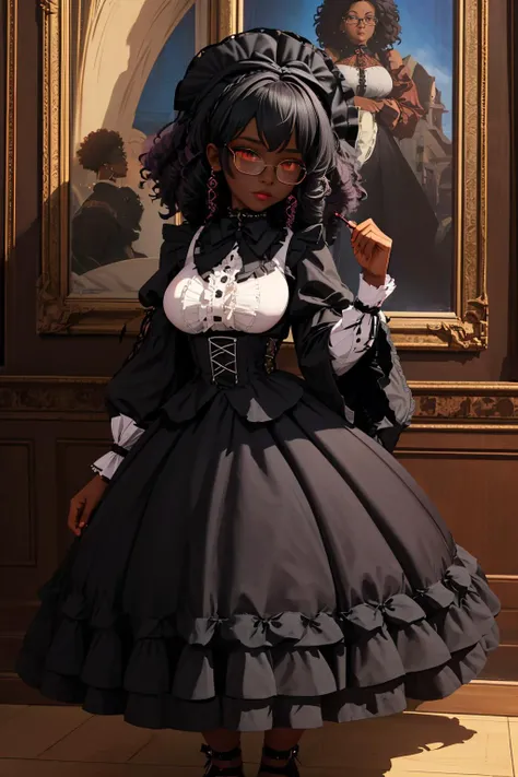 1woman,(afro:1.2),dark-skinned female, dark skin, glasses,full body, huge breasts, ,wide hips,  <lora:edgGothGal_MINI:0.8> GothGal, wearing a GothGal outfi, dress, ribbon, frills, (masterpiece, best quality)