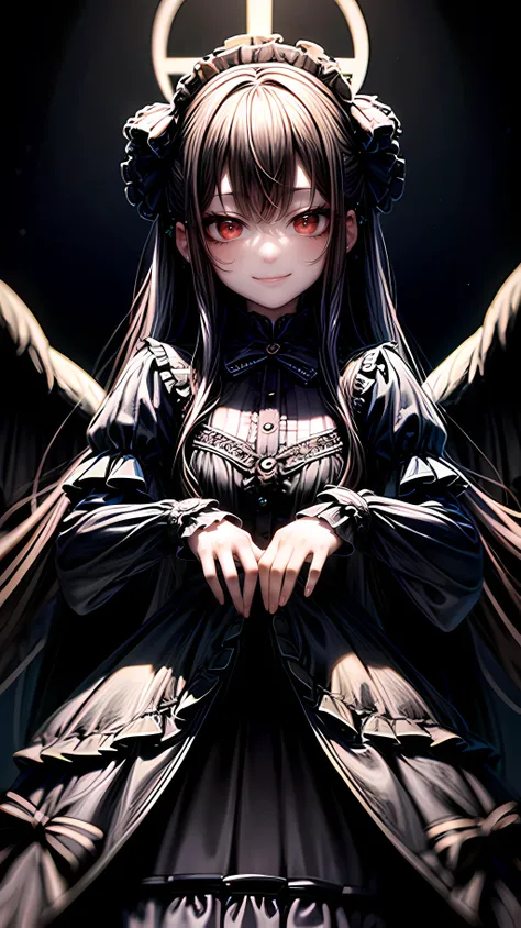 highres, (masterpiece:1.2), (best quality, highest quality), black hair, red eyes, GothGal, wearing a GothGal outfi, dress, ribbon, frills, smug, smirk, Beautiful long legs, beautiful body, Beautiful Nose, Beautiful character design,perfect hands, perfect ...