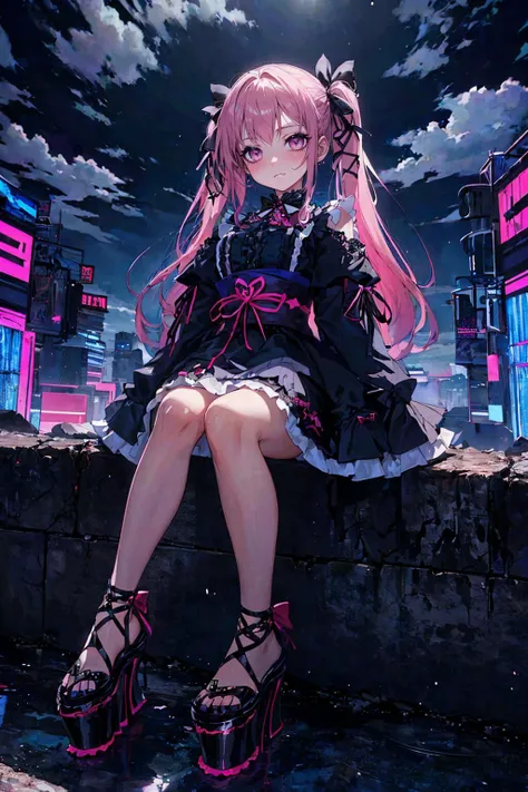 <lora:edgGothGal_MINI:1> GothGal, wearing a GothGal outfit, dress, ribbon, frills,  <lora:uv:0.7> blacklight, neon lights, neon clothes,, (masterpiece, top quality, best quality, beautiful and aesthetic:1.2), (1girl:1.3), original, high resolution, surreal...