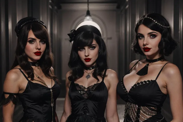 (film_noir_style:1.4), 3girls gothgal with black_hair posing in speakeasy, smirk, red lipstick, choker, wearing a formal dress, (flapper:1.2), vintage, detailed eyes, cinematic, film grain, monochrome <lora:ballgownGoth:.6>