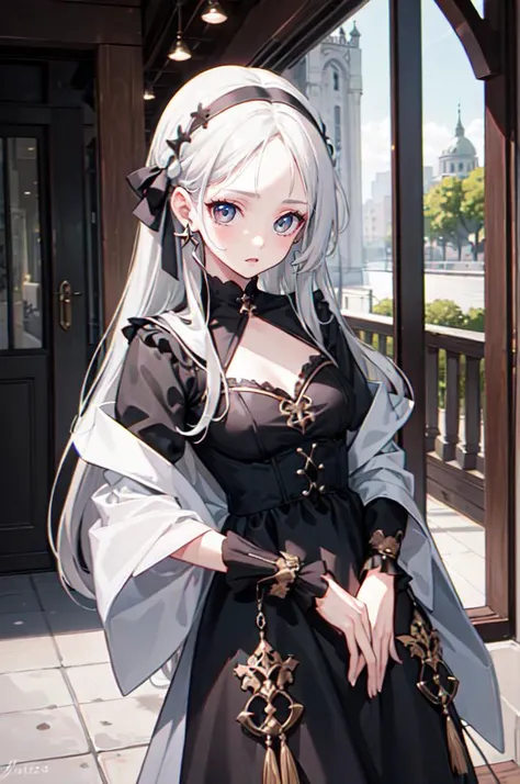 <lora:GothGal:0.75> gothgal, wearing a gothgal outfit,, ultra detailed, masterpiece, best quality, aesthetic, detailed,, serious, 1girl, (white eyes:1.1), (grey eyes:1.3), white hair, very long hair, parted hair, parted bangs, <lora:parted_hair_v1.3:1.3>, ...