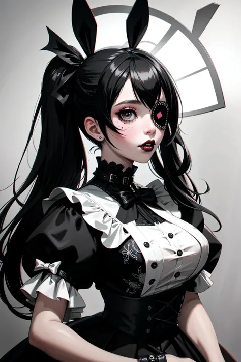 ((Masterpiece, best quality)), edgQuality,bimbo,glossy, GothGal, a woman in a black and white dress,ribbon,lace,goth print , eyepatch,woman wearing a GothGal outfit <lora:edgGothGal_MINI:1>
 <lora:amiyaAK:1>