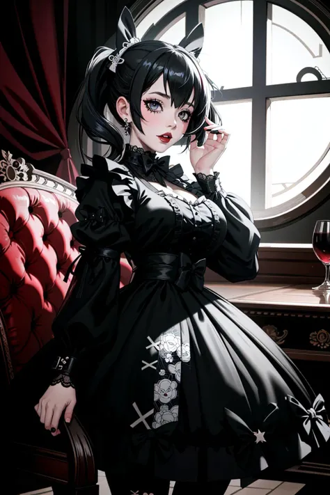 ((Masterpiece, best quality)), edgQuality, bimbo, glossy, GothGal, a woman in a black and white dress, bowknot, ribbon, lace, goth print , eyepatch, woman wearing a GothGal outfit <lora:edgGothGal_MINI:1>
 <lora:amiyaAK:1>