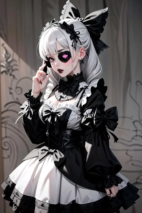 ((Masterpiece, best quality)), edgQuality, bimbo, glossy, GothGal, a woman in a black and white dress, bowknot, ribbon, lace, goth print , eyepatch, woman wearing a GothGal outfit <lora:edgGothGal_MINI:1>