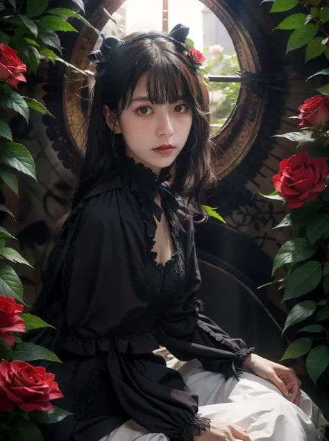 wearing a GothGal outfi,dress,,,GothGal,<lora:edgGothGal_MINI:1>,
(European wall covered with blooming red roses,red rose,),
professional photography,8k,best quality,masterpiece,realistic,photo-realistic,<lora:SD1.5lQI_v1.0:0.5>,<lora:freckle_slider_v1:0....