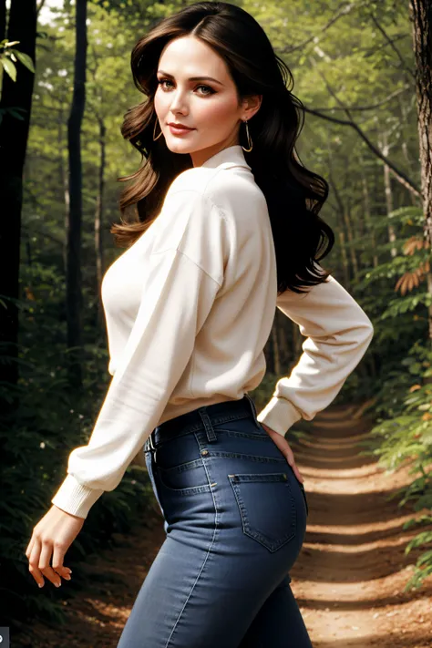 photo of beautiful (lyndac:0.99), a woman with beautiful hair, smiling,  large breasts, wearing denim jeans, a long sleeve crew neck shirt , walking on a dirt forest path, suronded by rocks and trees, rays of sunlight coming through the canopy, dynamic pos...