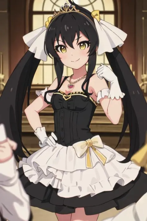 best quality, masterpiece, highres, solo, {matoba_risa_theidolmastercinderellagirlsu149:1.15}, black_hair, long_hair, twintails, yellow_eyes, ribbon, hair_ribbon, jewelry, necklace, hair_between_eyes, 1girl, bare_shoulders, bow, dress, smile, tiara, gloves...