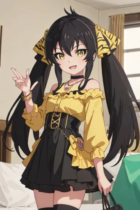 best quality, masterpiece, highres, solo, {matoba_risa_theidolmastercinderellagirlsu149:1.15}, black_hair, long_hair, twintails, yellow_eyes, ribbon, hair_ribbon, jewelry, necklace, hair_between_eyes, 1girl, bow, open_mouth, smile, hair_bow, looking_at_vie...