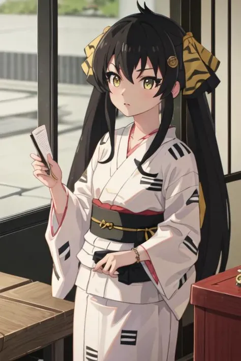 best quality, masterpiece, highres, solo, {yukata:1.40}, {kimono:1.20}, {matoba_risa_theidolmastercinderellagirlsu149:1.15}, black_hair, long_hair, twintails, yellow_eyes, ribbon, hair_ribbon, jewelry, necklace, hair_between_eyes