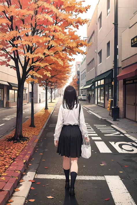 noctiluca, 1girl, outdoors, ground vehicle, road, motor vehicle, car, street, building, black hair, skirt, bag, tree, white shir...