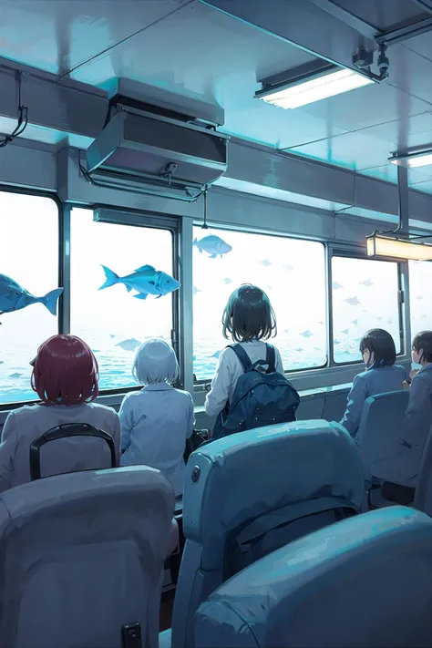 noctiluca, fish, blue theme, 1girl, train interior, solo, short hair, sitting, from behind, black hair, aqua theme, indoors, bag...