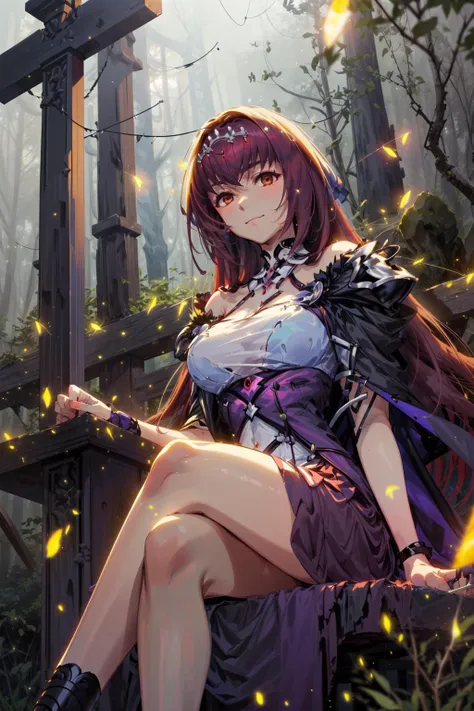 masterpiece,best quality,1girl,solo,mature female,scathach skadi (fate),FGOFES,FEScloth,smile,sitting,crossed legs,night,forest,fireflies,<lora:FGOSkadiv2:0.7>,