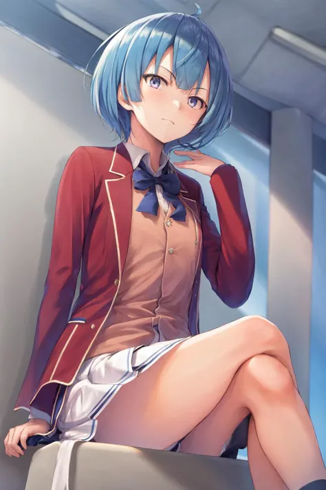 masterpiece, best quality, highres, 1girl ibuki mio short hair blue hair, white skirt red jacket open jacket <lora:ibuki_mio:1> sitting, (crossed legs : 1.2)