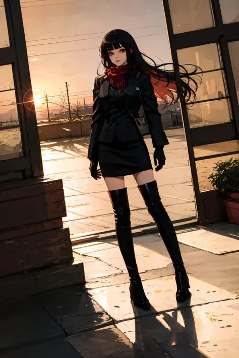 anime girl in black outfit standing on sidewalk with sun setting