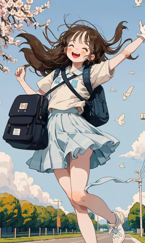 (On a bright spring day (day:1.0), under the clear blue sky (sky:1.0),
BREAK
a high school girl walks with her hair dancing lightly in the wind (hair:1.0). The image is softened at the edges, capturing the youthful and vibrant essence of the scene.
BREAK
H...