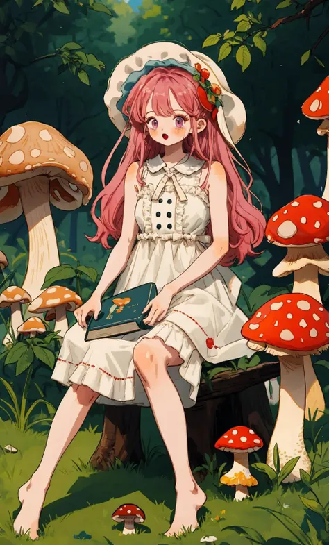 best quality, masterpiece, highres, ultra-detailed, colorful, high saturation,1girl, (mushroom:1.5), dress, pink hair, long hair, barefoot, sitting, white dress, solo, outdoors, holding, bangs, tree, day, blush, looking at viewer, plant, sleeveless, sleeve...