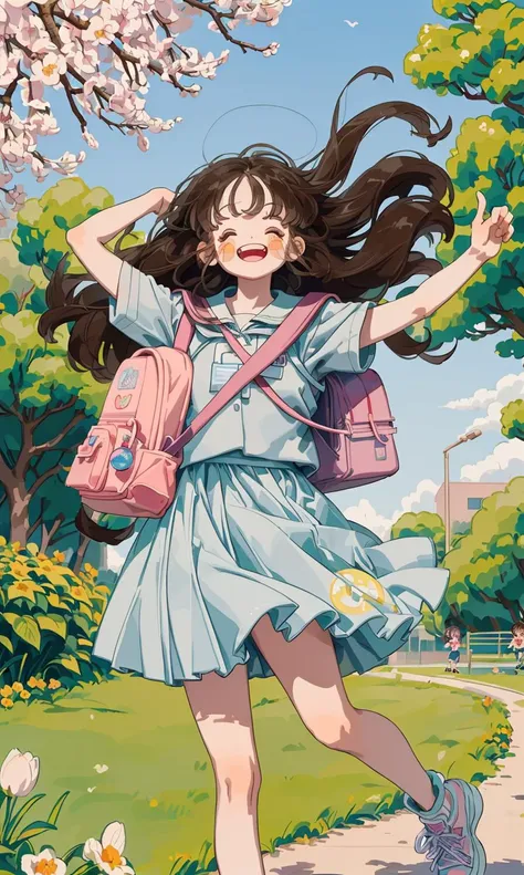 (On a bright spring day (day:1.0), under the clear blue sky (sky:1.0),
BREAK
a high school girl walks with her hair dancing lightly in the wind (hair:1.0). The image is softened at the edges, capturing the youthful and vibrant essence of the scene.
BREAK
H...