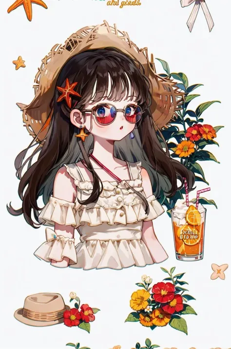 1girl, solo, starfish, seashell, shell, flower, hat, hair ornament, jewelry, straw hat, looking at viewer, sunglasses, hat flower, drinking straw, hairclip, earrings, red flower, tinted eyewear, yellow flower, bangs, english text, multicolored hair, orange...