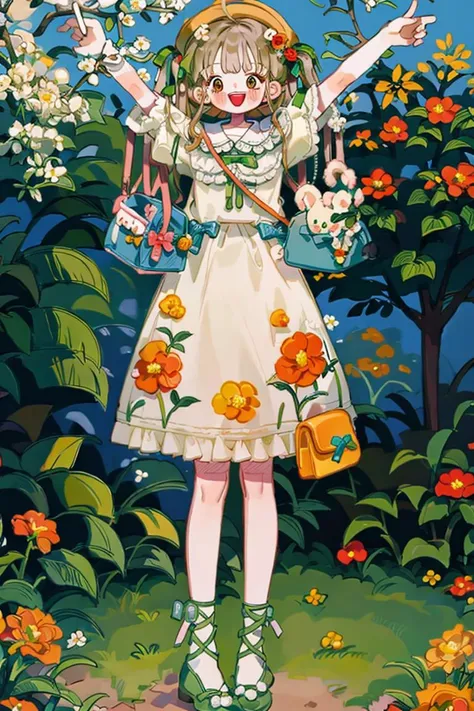 best quality, masterpiece, extremely detailed, garden, 1girl, flower, solo, smile, open mouth, twintail, long hair, ribbon, bag, hat, yellow flower, brown eyes, :d, bow, orange flower, blush, full body, green ribbon, frills, bangs, standing, white flower <...