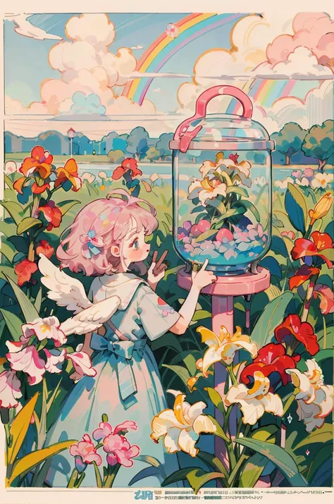 masterpiece, best quality, extremely detailed, beautiful illustration, creative illustration, favorite illustration, , floating,beautiful detailed eyes,(angel),blush,(back),floating hair, (a lot rainbow buble:1.1),(iris)((outdoors)), aesthetic pastel pink ...