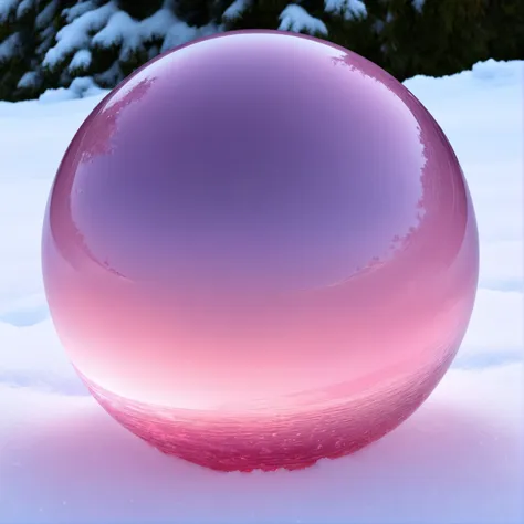 a close up of a pink glass ball in the snow