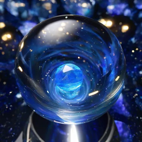 there is a glass ball with a blue center on a stand