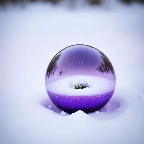 purple glass ball in the snow with a tree in the background