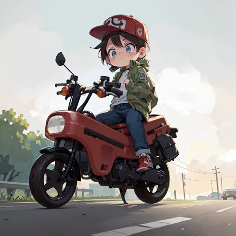 anime boy on a motorcycle with a hat on