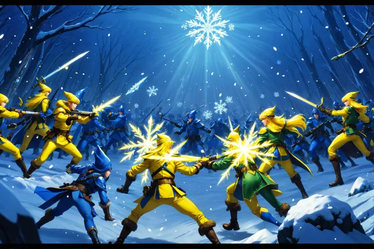 snowflakes, a battle between blue elves and yellow mercenaries, dramatic lighting, anime screencap, 1990s style, masterpiece, best quality, CG, wallpaper, HDR, high quality, high-definition, extremely detailed