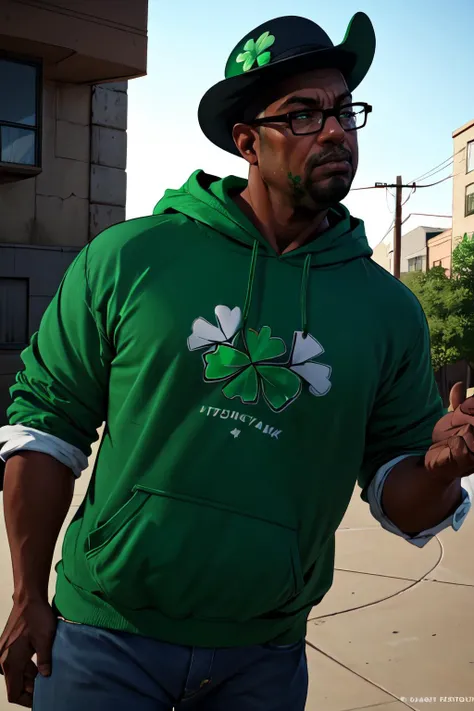 (masterpiece, best quality, 4k, detailed, intricate, realistic),male focus,edgShamrock,green hoodie,wearing edgShamrock_hoodie,clover print,bigsmoke,cowboy shot,black headwear <lora:edgShamrockHoodiev1:0.8>  <lora:BigSmoke:0.75>