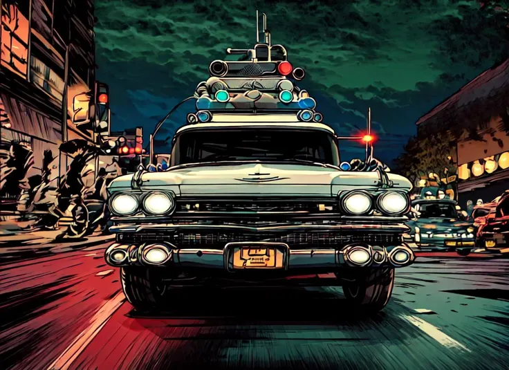 Highly detailed RAW full color high quality wide-angle 16mm photograph of a dirty rusted old ecto_1 speeding through downtown New York City (((at night))), ((midnight)), headlights on, emergency lights on, tinted windows, ((cinematic, studio lighting)), in...