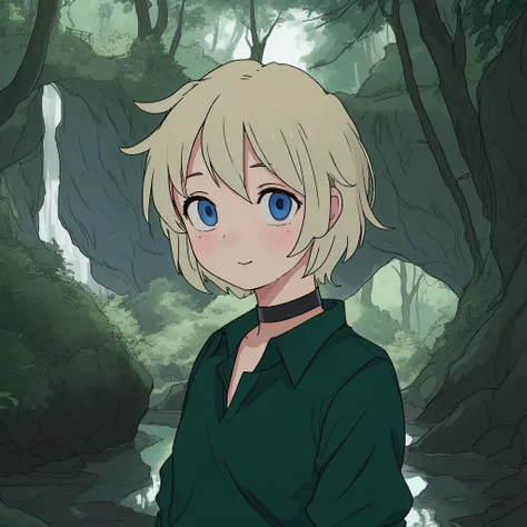 anime girl with blonde hair and blue eyes standing in front of a waterfall