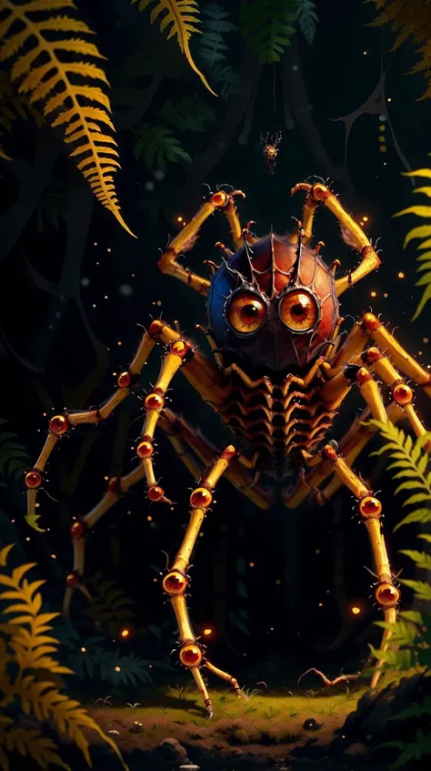 <lora:MinionStyle:0.7> MinionStyle a spider weaving its web on a fern in a prehistoric bog, large minion-style eyes. animal on fire a spider weaving its web on a fern in a prehistoric bog <lora:on_fire10:0.7>, (Masterpiece:1.3) (best quality:1.2) (high qua...