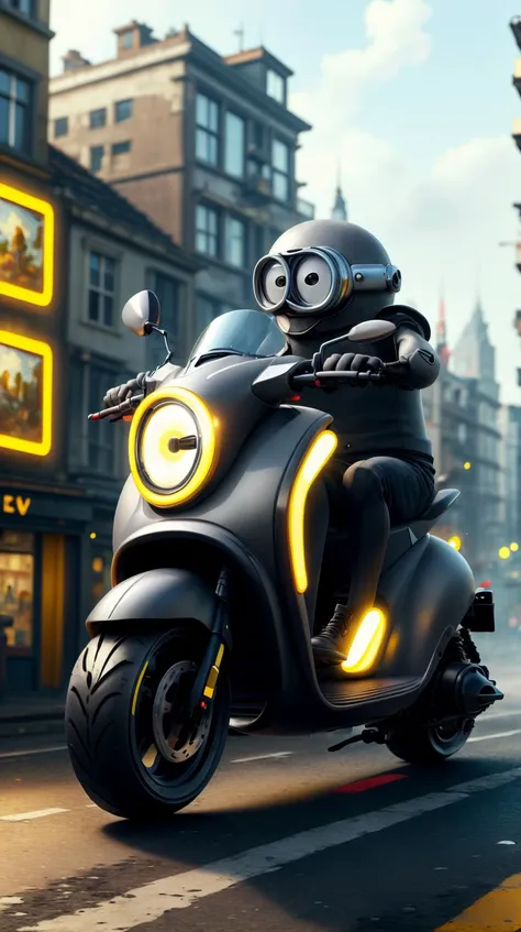 <lora:MinionStyle:1.25> MinionStyle Gray a futuristic electric scooter zooming silently through a city, (Masterpiece:1.3) (best quality:1.2) (high quality:1.1)