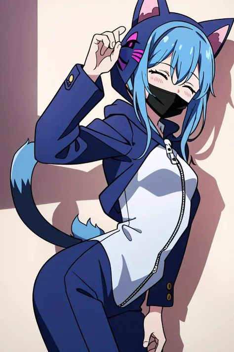 (masterpiece, best quality),  intricate details,
1girl,  <lora:wooflamp:0.8>wooflamp, small breasts, pink eyes, blue hair,purple suit,closed eyes,hood, closed eyes, neon eyes, zipper closed, tail cat,((full mask)), shadow,