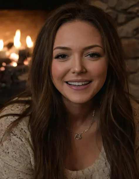 a close up of a woman with long hair smiling in front of a fireplace