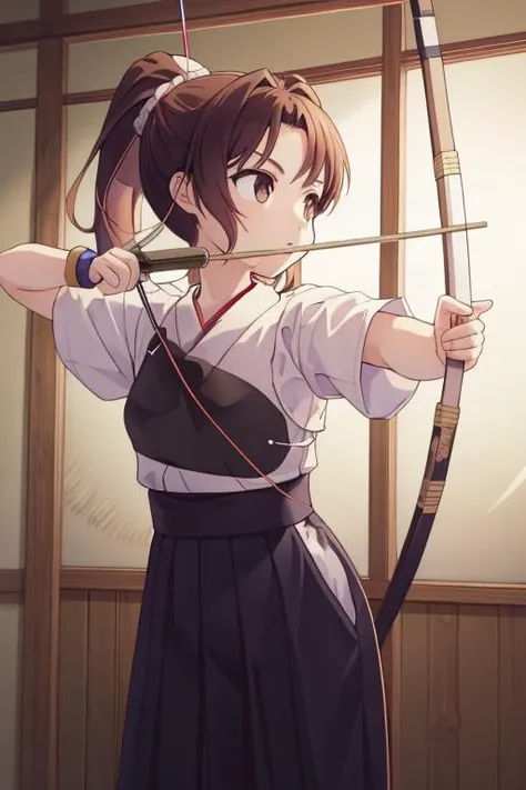 masterpiece, best quality,ultra detail,girl,sunset,ponytail,standing,small breasts,short sleeves,,bow and arrow,breast armor,target,aiming target,(muneate),hakama,japanese clothes,japanese dojo, <lora:kyudo_uniform:0.7> <lora:Saya-drawing bow:0.9>drawing b...