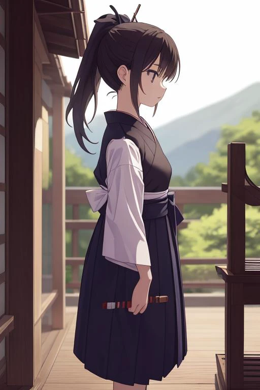 masterpiece, best quality,ultra detail,girl,ponytail,standing,stylish angle,small breasts,short sleeve,(muneate),hakama,japanese clothes,japanese dojo, <lora:kyudo_uniform:0.7>,bow and arrow,breast armor,round target