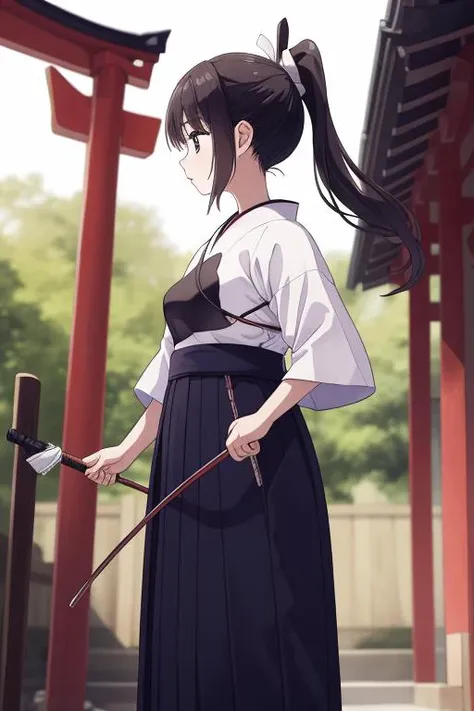 masterpiece, best quality,ultra detail,girl,ponytail,standing,stylish angle,small breasts,short sleeve,(muneate),hakama,japanese clothes,japanese dojo, <lora:kyudo_uniform:0.7>,bow and arrow,breast armor,round target