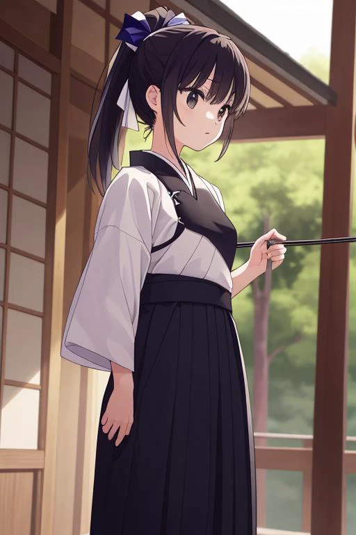 masterpiece, best quality,ultra detail,girl,ponytail,standing,stylish angle,small breasts,short sleeve,(muneate),hakama,japanese clothes,japanese dojo, <lora:kyudo_uniform:0.7>,bow and arrow,breast armor,round target