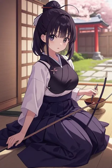 masterpiece, best quality,ultra detail,girl,(muneate),hakama,japanese clothes,japanese dojo, <lora:kyudo_uniform:0.7>,bow and arrow,breast armor