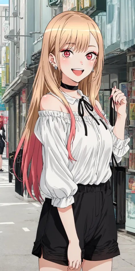 best quality, (masterpiece:1.2), detailed,
<lora:chara_SonoBisqueDoll_KitagawaMarin_v1:0.8>, kitagawa marin sb,
1girl, solo, teeth, wide smile, earrings,
long hair, blonde hair, red eyes, multicolored hair, black ribbon, black choker,
black shorts, white s...