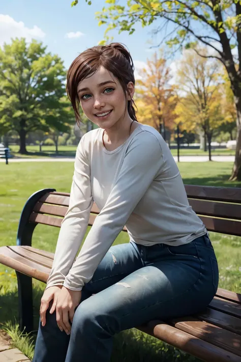 TLOUEllie, brown hair, ponytail, green eyes,white long sleeve shirt, jeans, looking at viewer, smiling, happy, mouth open, sitting, on bench, leaning forward, outside, park, trees, winter, grass, blue sky, high quality, masterpiece,  <lora:TLOUEllie:.7>