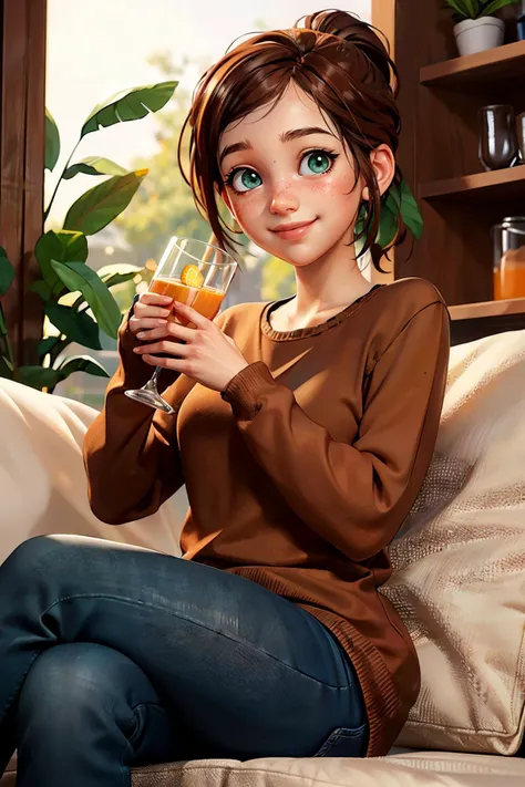 TLOUEllie, brown hair, ponytail, green eyes,red sweater,  jeans, looking at viewer, smiling, happy, sitting, on sofa, holding a glass of orange juice, legs crossed, soft lighting,  high quality, masterpiece, <lora:TLOUEllie:.7>